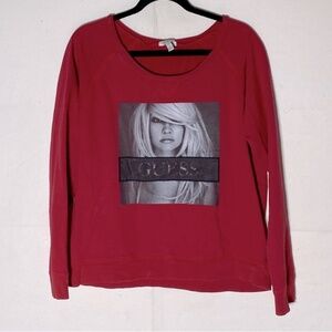 Guess Y2K Red Scoop Neck Long Sleeve Shirt W Black & White Blonde Graphic XL